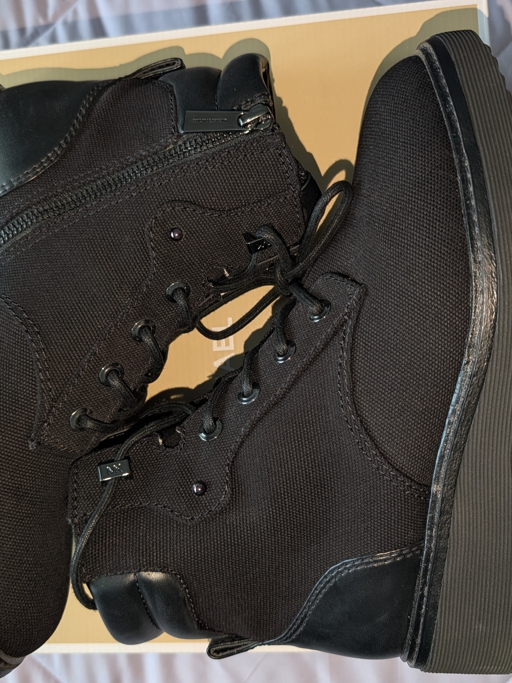 Michael Kors Black Canvas Lace-Up Ankle Boots with Side Zip